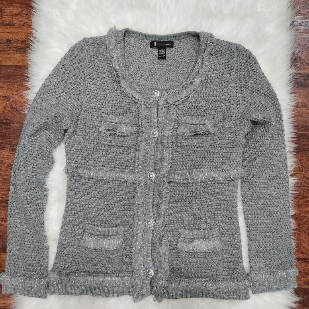 INC International Concepts Gray Silver Speckles Fringe Trim Knit Cardigan XL - Picture 5 of 12